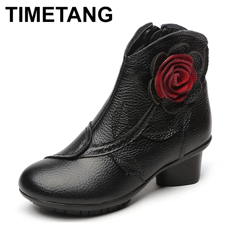 TIMETANG New Folk Style Floral Female Shoes Winter Comfortable Genuine Leather Ankle Boots for Women All Match Retro Boots C313