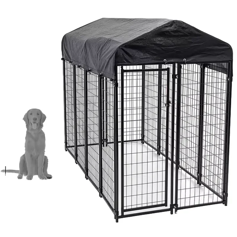6 Feet Heat Treated Metal Frame Pet Enclosure with Roof Foldable Door Outdoor Yard Fence