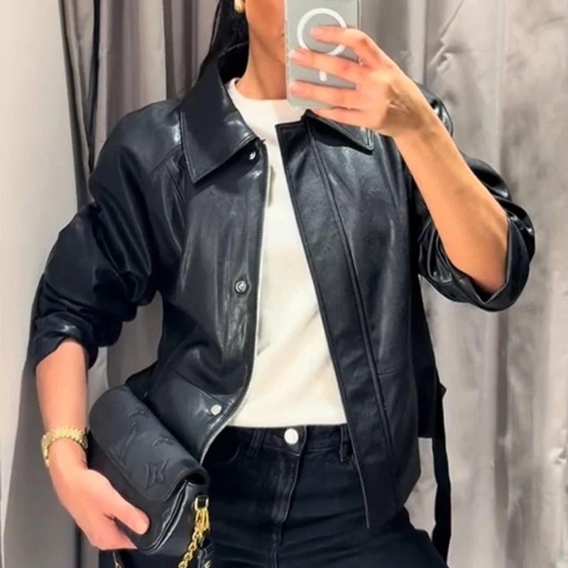 Women Faux Leather Jacket Lapel Collar Belted Waist Coat Vintage PU Biker Jacket Tie Waist Slim Fit Autumn Winter Outerwear