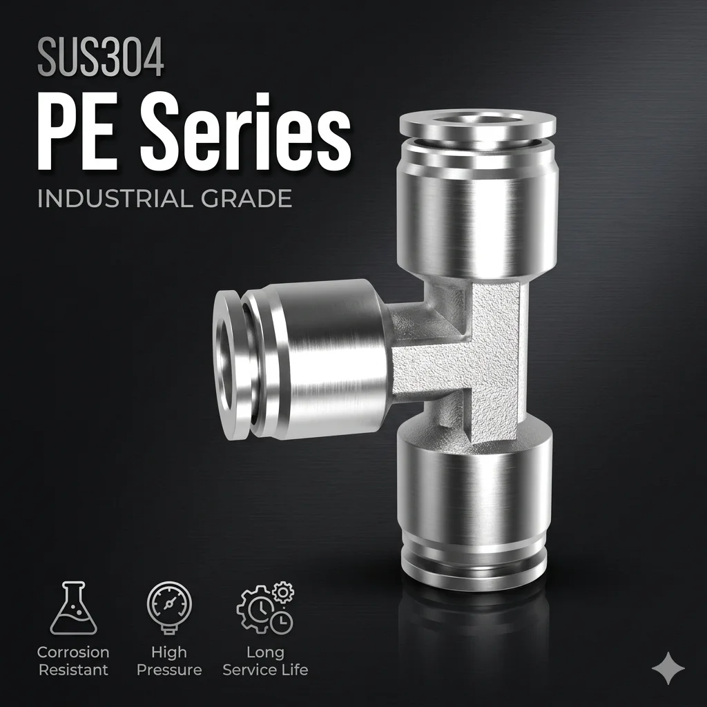 304 Stainless Steel PE Union Tee Pneumatic Fitting 4mm 6mm 8mm 10mm 12mm 3 Way Air Hose Tube Push In Quick Connector