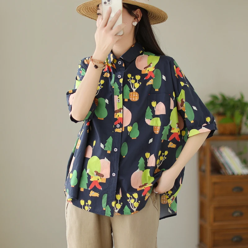 Verano artístico suelto ajuste ort Sve puro algodón impreso Casual irt mujer dulce Sle tubo recto Top abotonada Cardigan