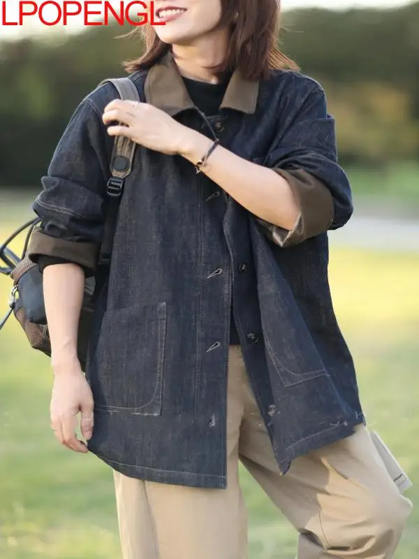 2025 Autumn New Temperament Turn-down Collar Vintage Denim Jacket Women's Versatile Fashion Wide-waisted Single Breasted Coat