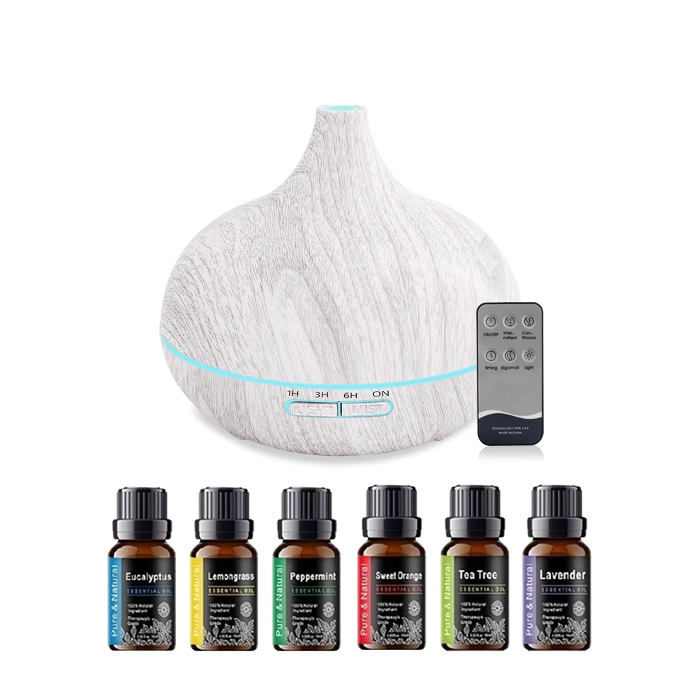 

550ml Wood Grain Ultrasonic Essential Oil Diffuser with Remote Control 6 Premium Oils Included, Smart Air Purifier for Home & O