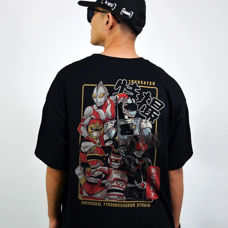 

Japanese Special Photo Ultraman Kamen Rider Super Team Short-sleeved T-shirt Men's and Women's Pure Cotton Loose Summer Tide