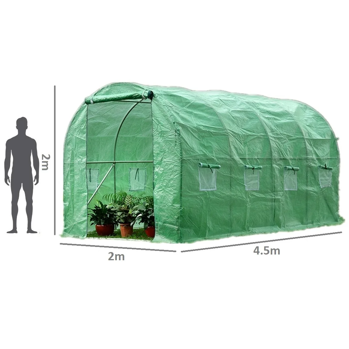 4.5x2x2m Tunnel Greenhouse with zipper door and screen windows for ventilation UV protective PE cover