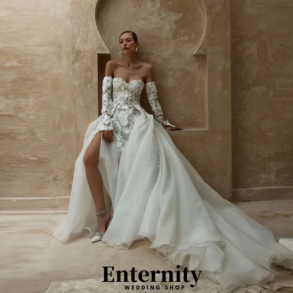 

Customized Lace Applique Wedding Dresses Sweetheart Half Sleeve For Women Charming High Split Bridal Gowns Vestidos De Novia