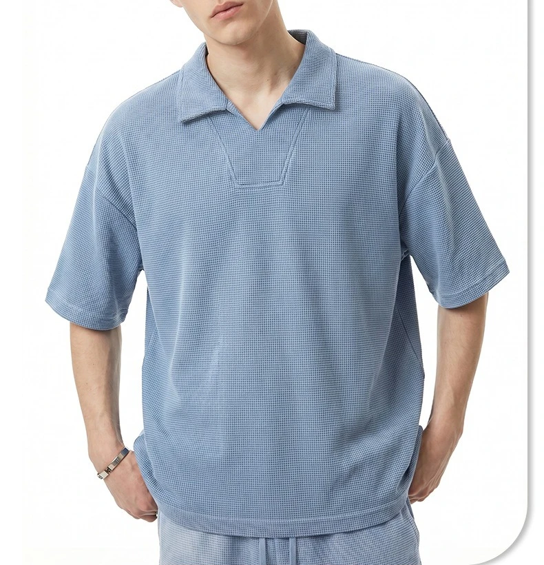 

290G Heavy Diamond Pattern Waffle Short Sleeve 2026 Summer Small V-neck Casual Lapel T-shirt Men