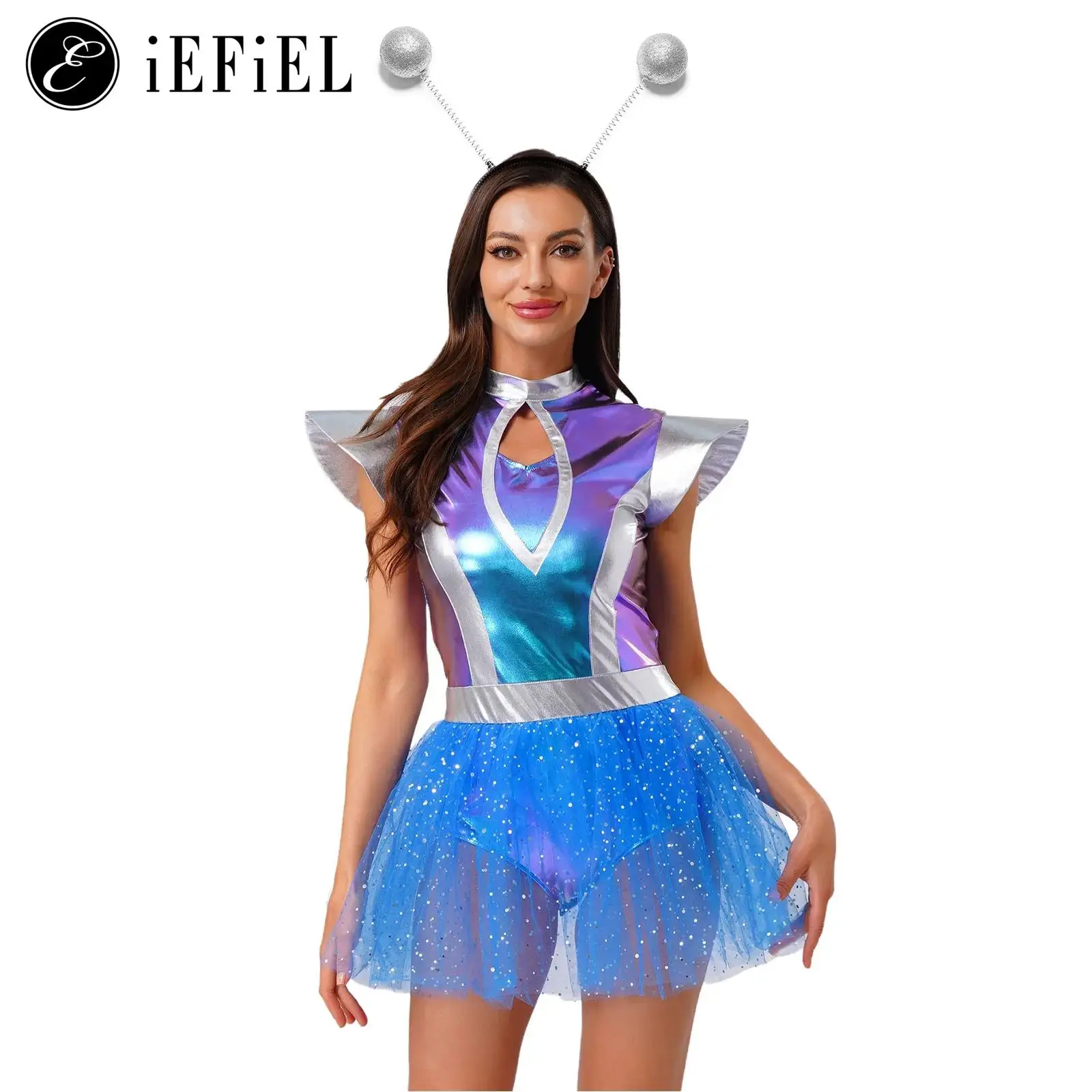 

Women Shiny Alien Astronaut Costume Metallic Tulle Skirt Tutu Dance Dress with Headwear Set Halloween Outerspace Robot Role Play