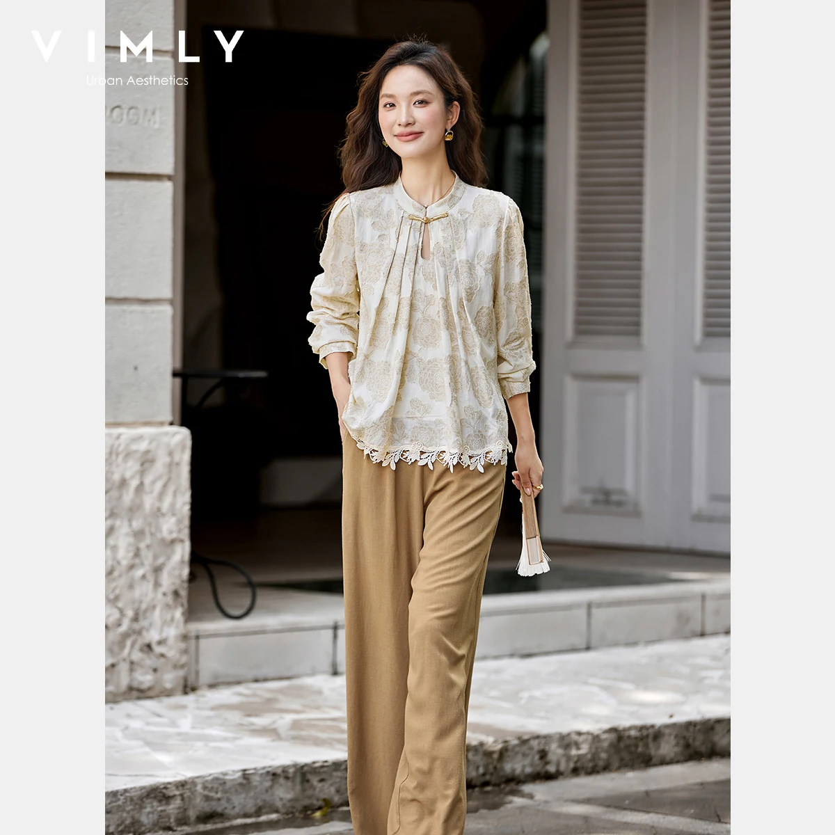 

VIMLY Women's Apricot Pant Suits 2025 Chinese Style Stand Neck Spliced Lace Tops Wide Legs Trousers Woman Two-piece Sets A2886
