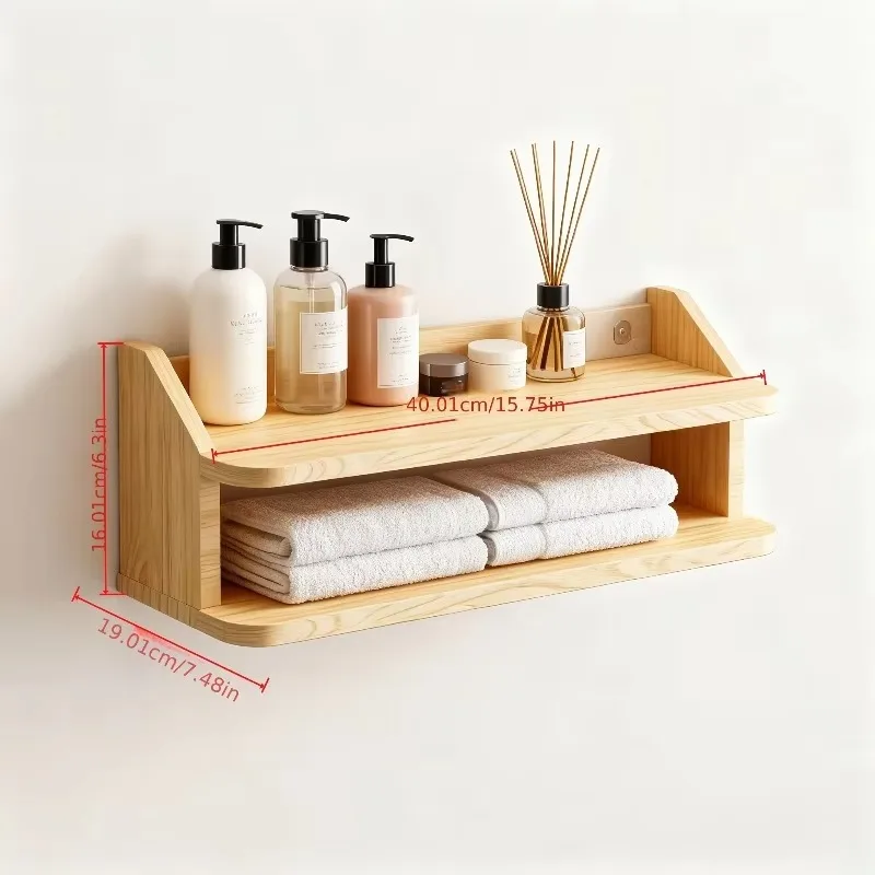 No Drill Solid Wood Floating Shelf 30/40cm Wall Mount Storage Rack Kitchen Spice Organizer Bathroom Towel Holder Small Cupboard