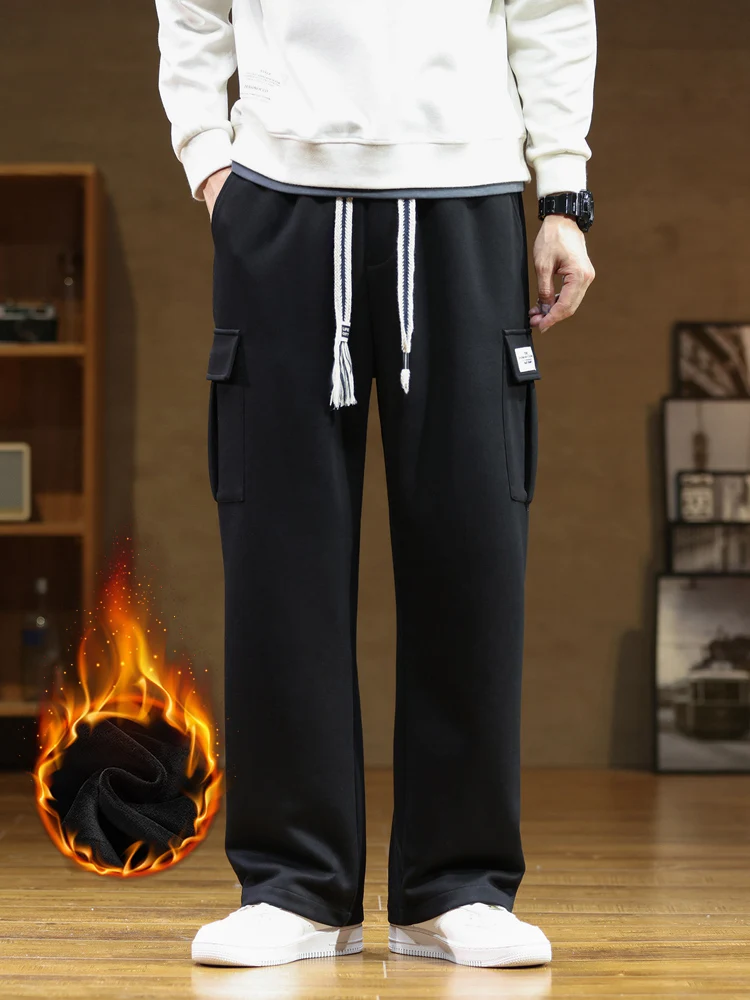 Winter Multi-Pockets Sweatpants Men Fleece Liner Thick Warm Straight Loose Track Pants Cotton Casual Thermal Cargo Trousers 8XL