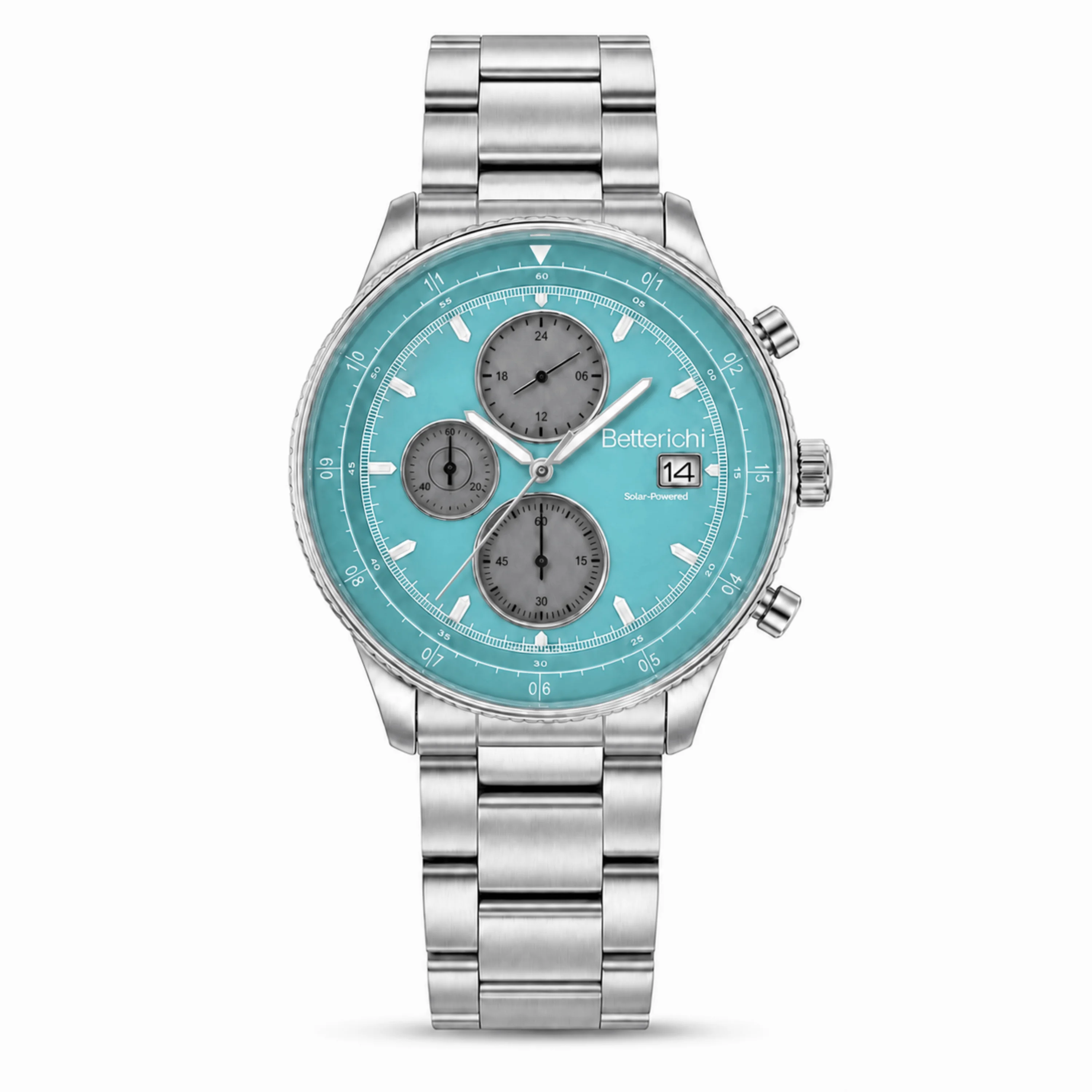 Betterichi Men Watch Solar Quartz Chronograph Sapphire Crystal 316L Stainless Steel Bracelet Business Wristwatch Classic Sport E
