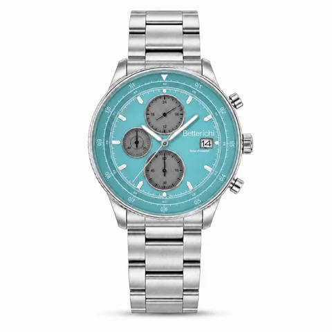 Betterichi Men Watch Solar Quartz Chronograph Sapphire Crystal 316L Stainless Steel Bracelet Business Wristwatch Classic Sport E