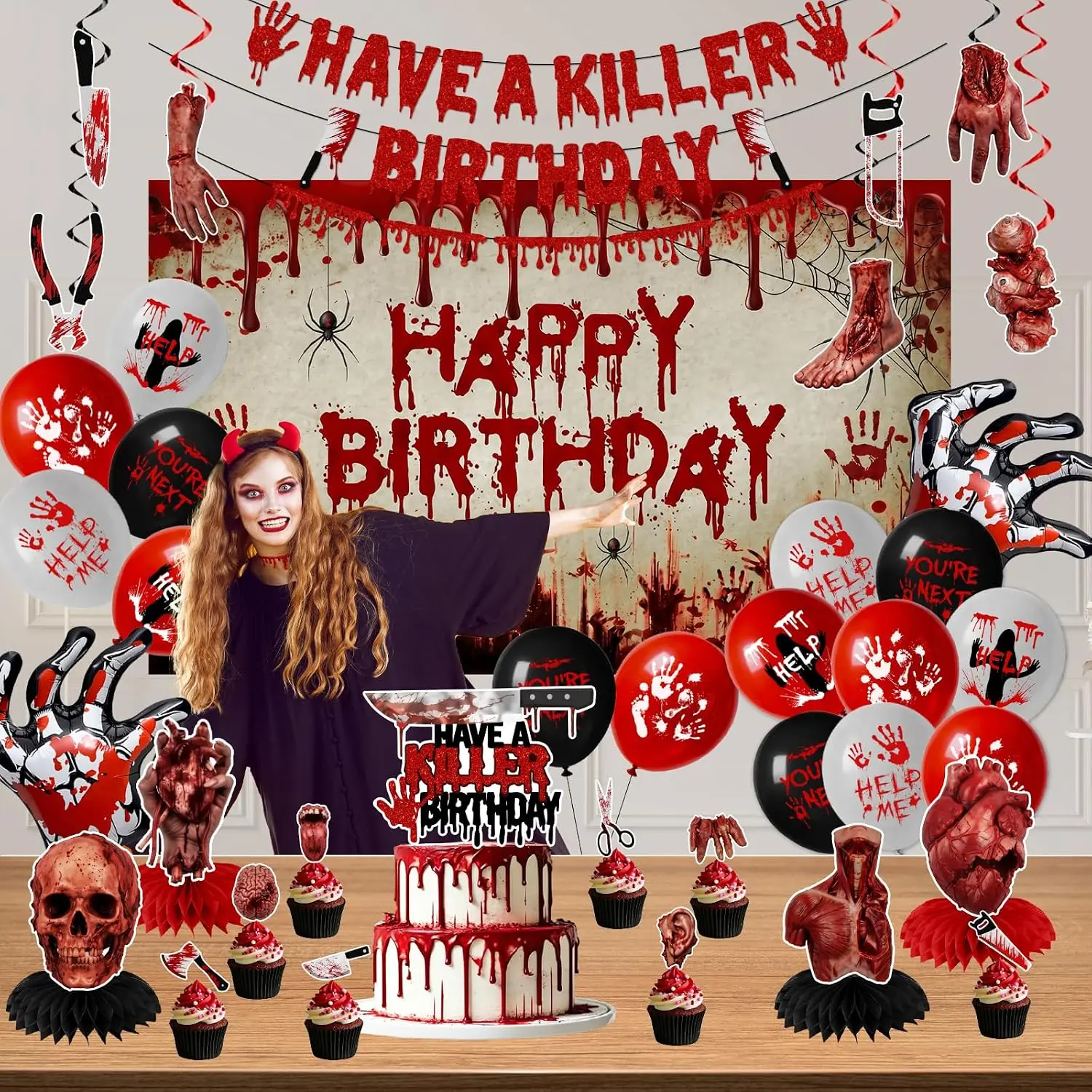 Horror Birthday Party Decorations-56Pcs Have a Killer Birthday Party Supplies Halloween Murder Mystery Backdrop Balloons Cupcake Topper Bloody Hand Print Banner for Halloween Horror Movie Party Decor