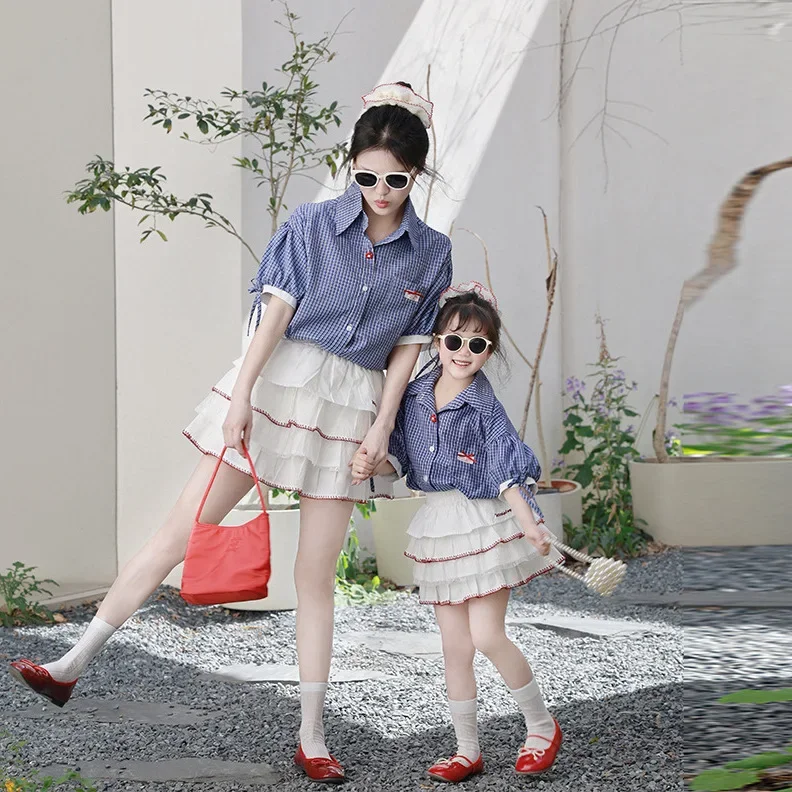 Summer Fashion Mama and Me Matching Outfits Mother and Daughter Clothes Korean Mom and Baby Girls Blouse Skirts Two Piece Sets
