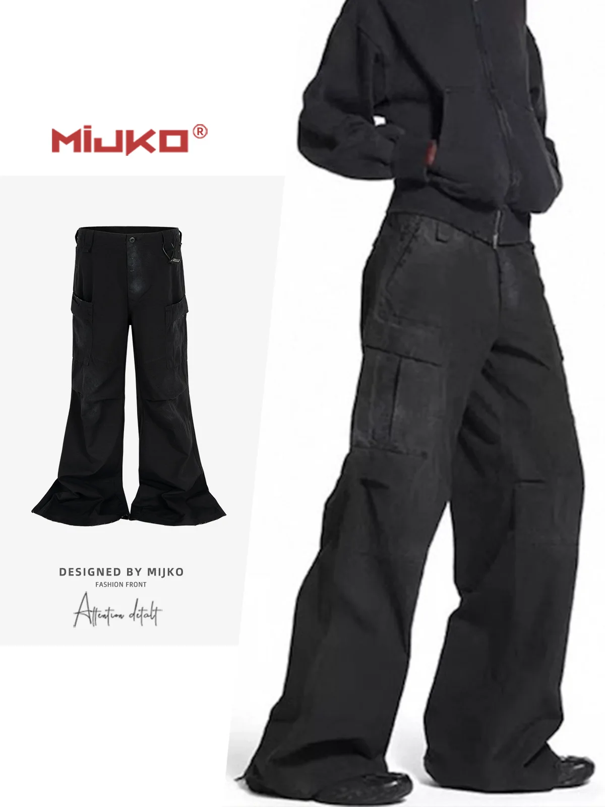 

MIJKO Black Pants Washed Sandblasting Men's And Women's Old Knife Cut Casual Trousers Work Pants with Tear Detail