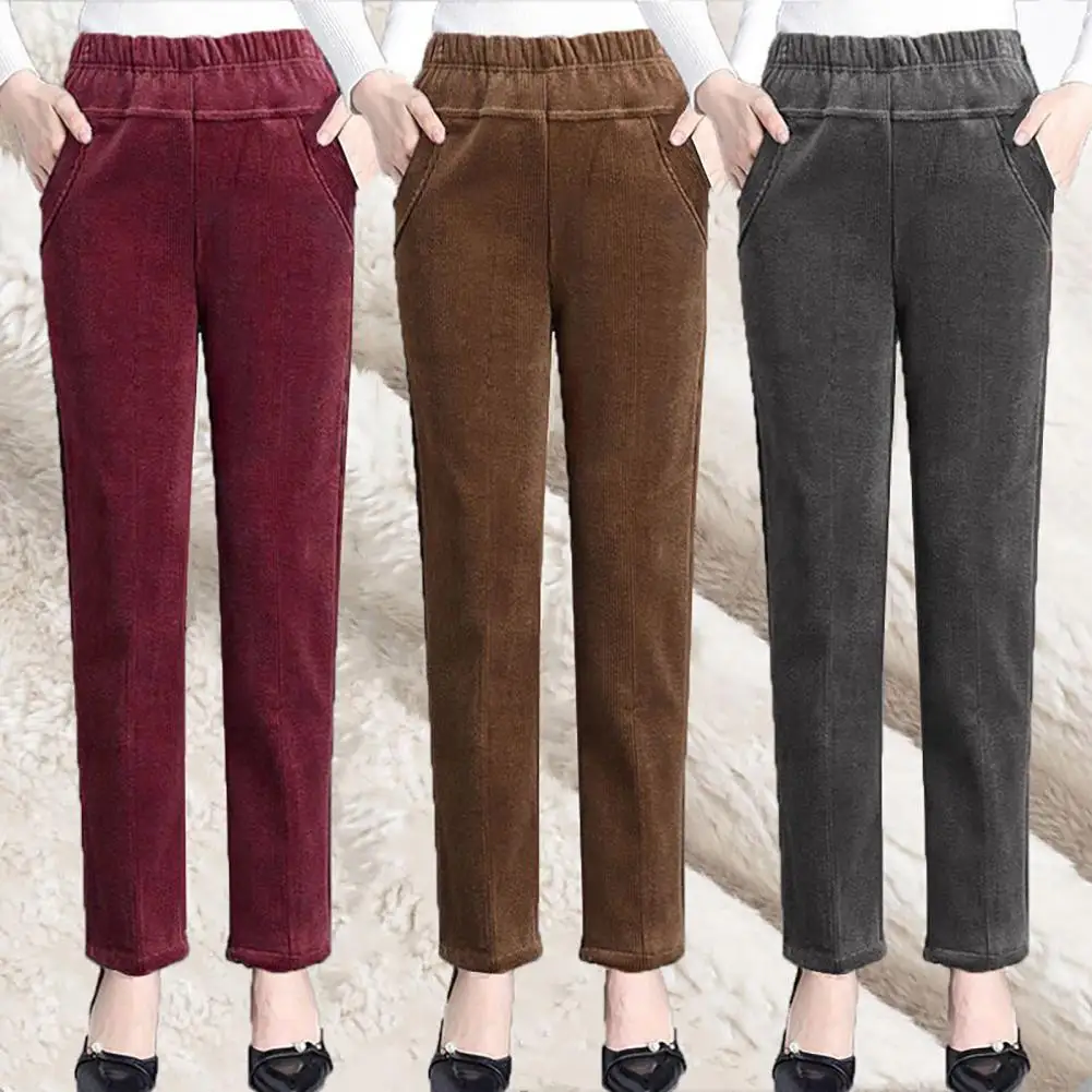 

Fall Winter Women Pants High Elastic Waist Thick Plush Pants Loose Wide Leg Straight Casual Ankle Length Mother Long Trousers