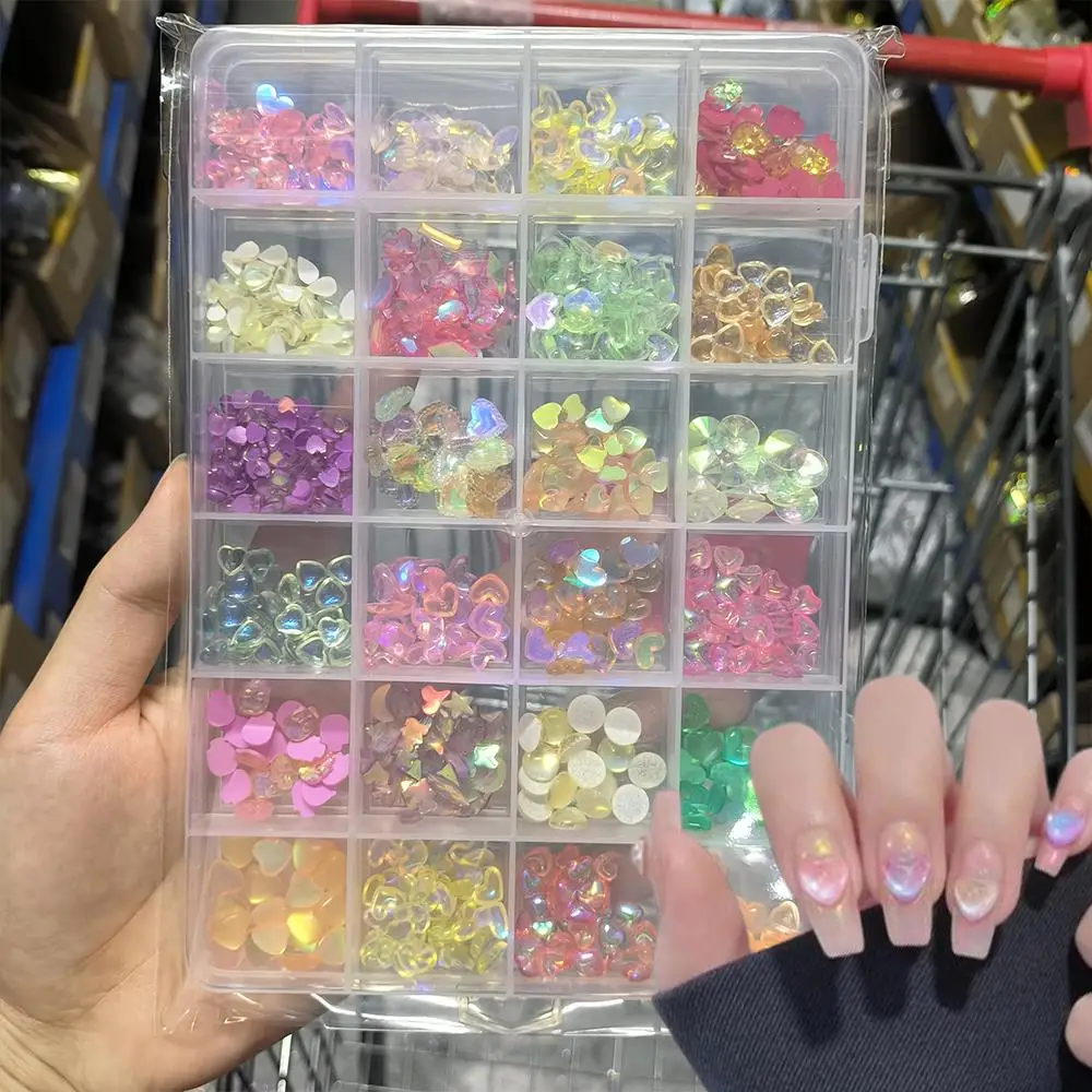 24 rejillas 3D Aurora amor-corazón dijes para uñas brillo colorido amor Y2K decoraciones para uñas corazón de resina manualidades DIY accesorios de manicura
