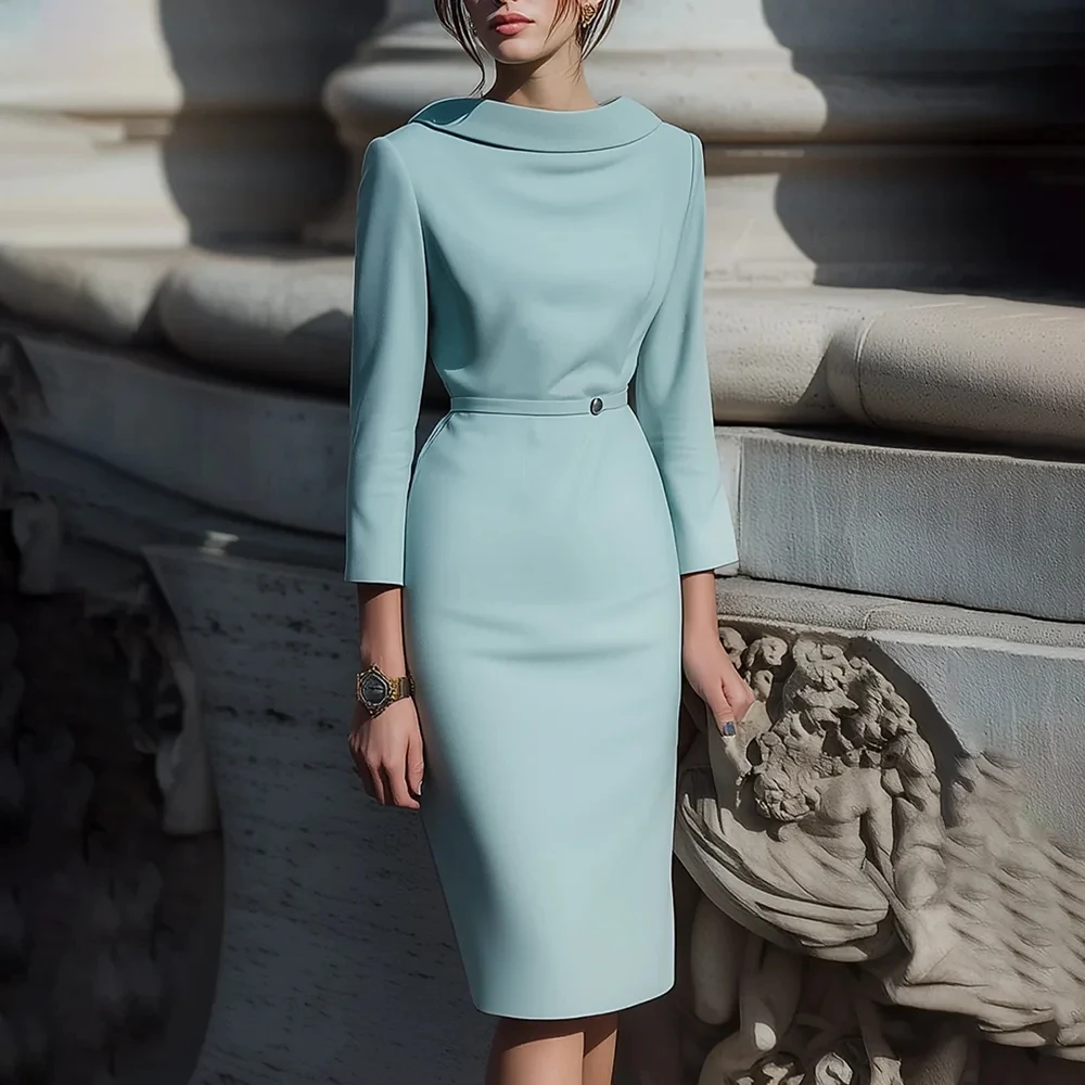 

Elegant Short Evening Party Dress Scoop Three-Quarter Sleeves Belt Pleated Sheath Satin Prom Formal Gowns Robe De Soiree