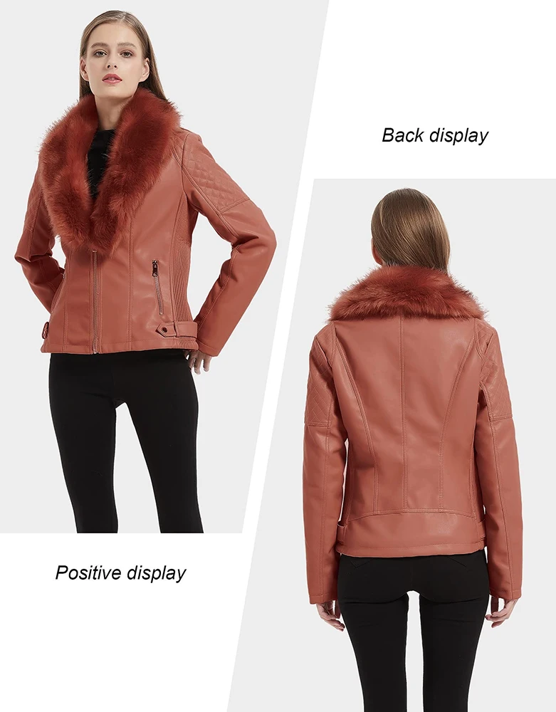 Giolshon Spring Fashion Women Fur Collar Jacket Faux Suede PU Leather Jacket Moto Coat Female Winter Warm Outerwear