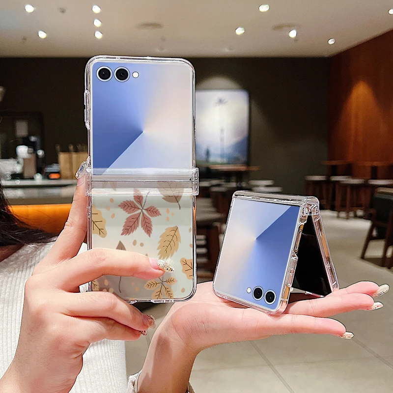 Z Flip 7 حافظة متمحور واضحة الصلب PC الزهور الفاخرة يترك نمط للطي قضية الهاتف لسامسونج غالاكسي Z Flip 7 FE 6 5 4 3