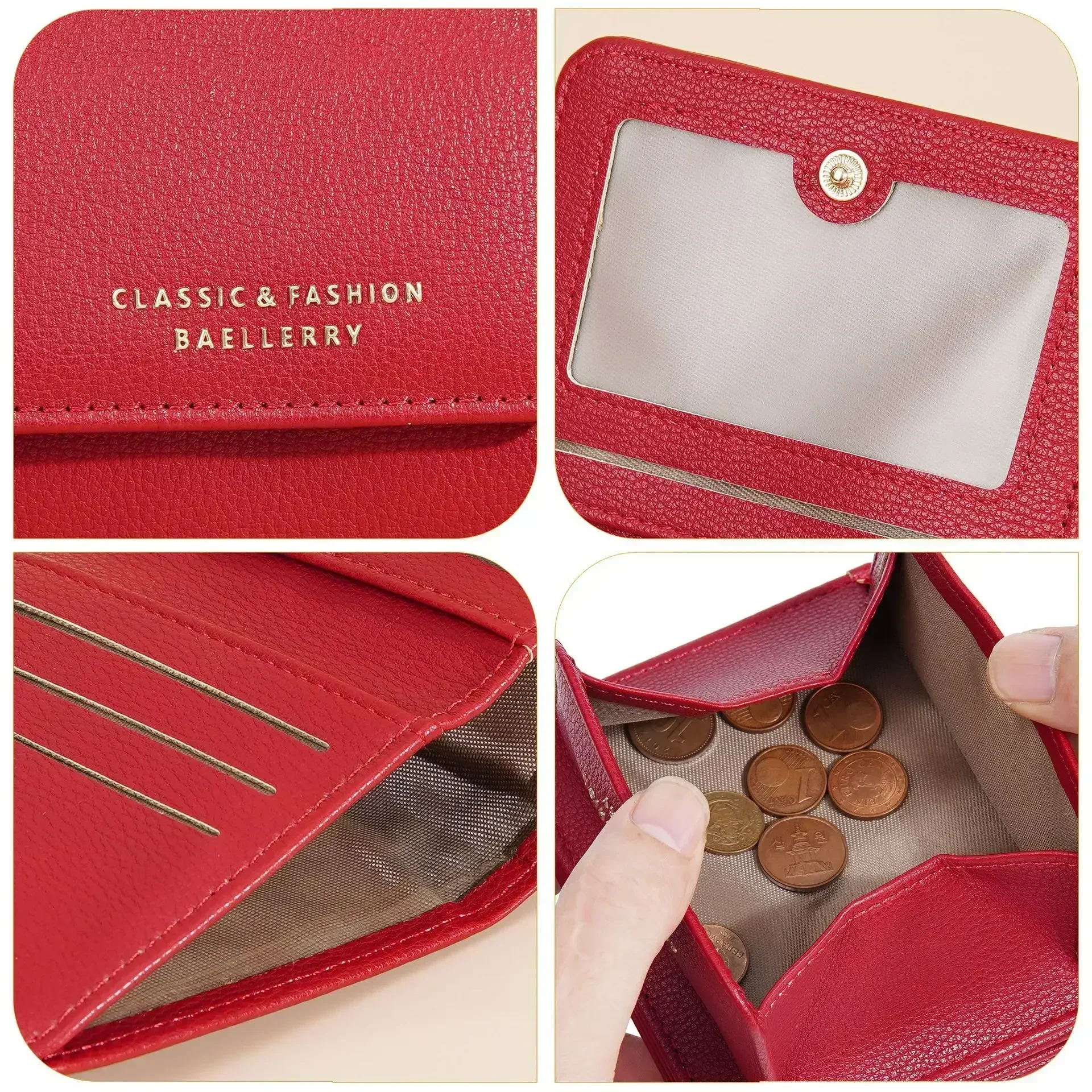 2024New Short Mini Wallets for Women PU Leather Card Holder Solid Coin Purse Female Multi-functional Fashion Small Red Wallet