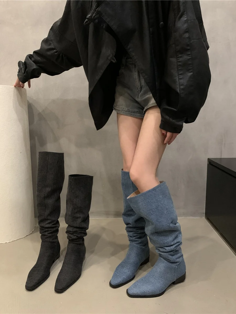 Women\'s Cowboy Boots Shoes Sexy Thigh High Heels High Sexy Winter Footwear Round Toe Denim Ladies Over-the-Knee Autumn 2023 Rub