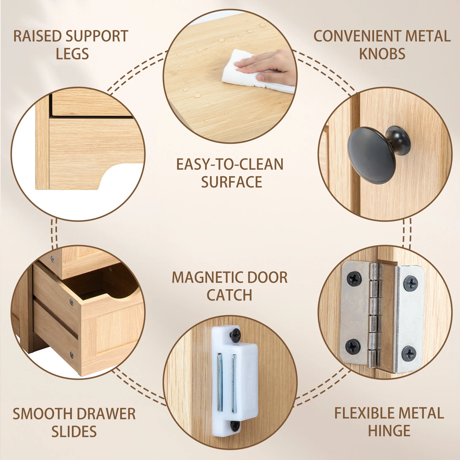 

Natural wood color, medium-density fiberboard with melamine finish, 56*30*80 cm, 4 drawers, 1 door