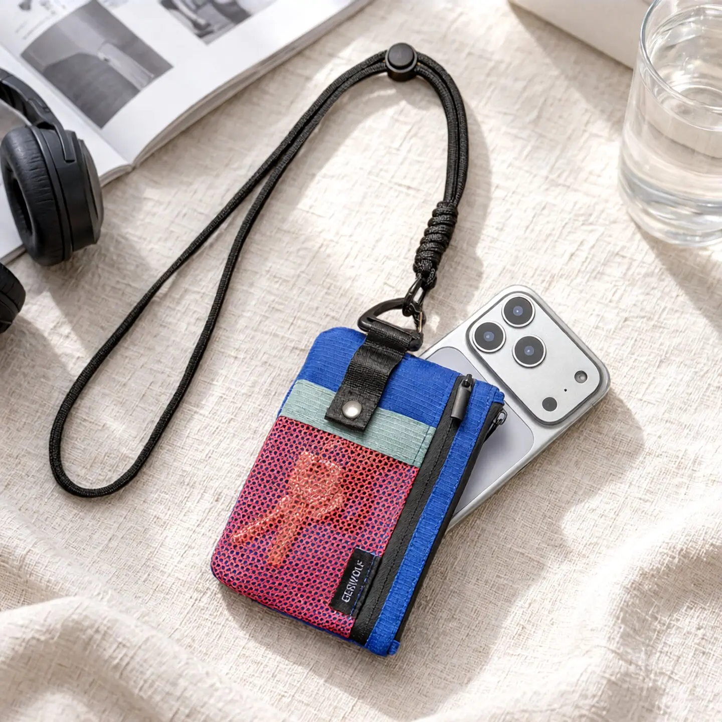 Image of Kleines minimalistisches Portemonnaie für Damen und Herren mit RFID-Schutz, Reißverschluss-Münzfach mit Ausweisfenster und Schlüsselanhänger, Reise-Lanyard-Geldbörse