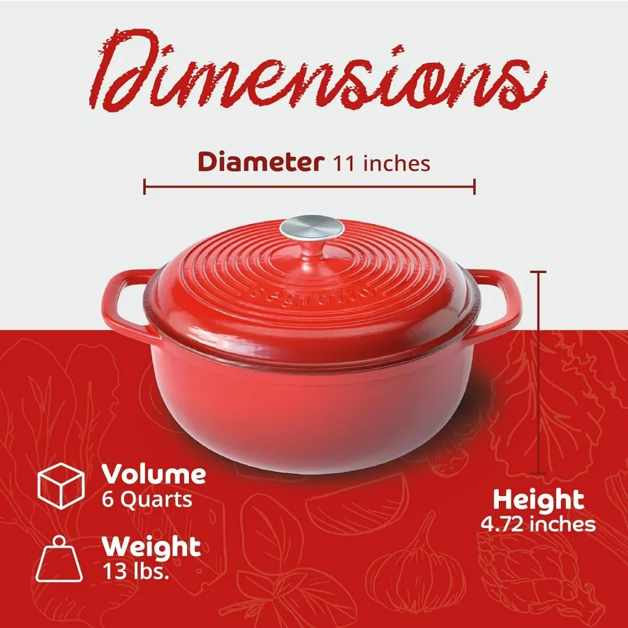Enameled Cast Iron Dutch Oven with Handle, 6 Quarts, Rosso (Gradient Red) Cast Iron Dutch Oven with Lid | Enameled Crock Pot Dut