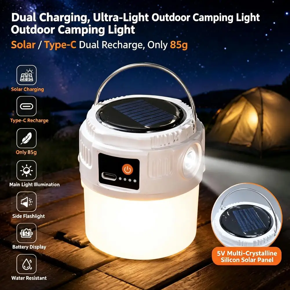 Solar LED Camping Lantern ABS 8.5cm Solar & Type-C Dual Charging 400mAh Battery IP45 Waterproof Portable Hanging Tent Light