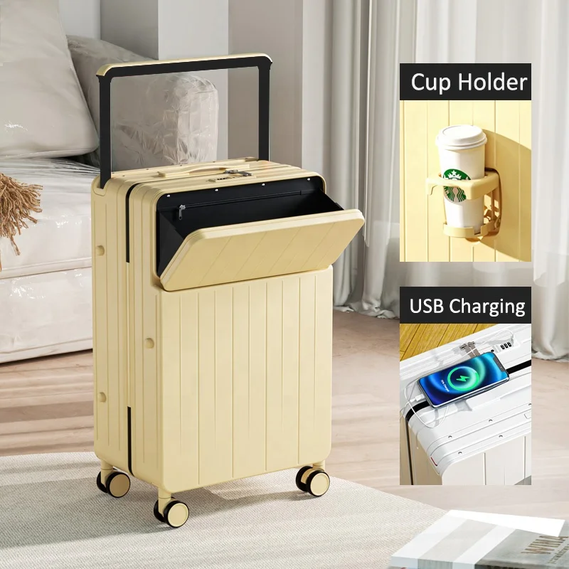 

High Quality PC Hard Shell Carry-on Luggage Suitcase Front Opening Travel Trolley Bag with Cup Holder & TSA Lock