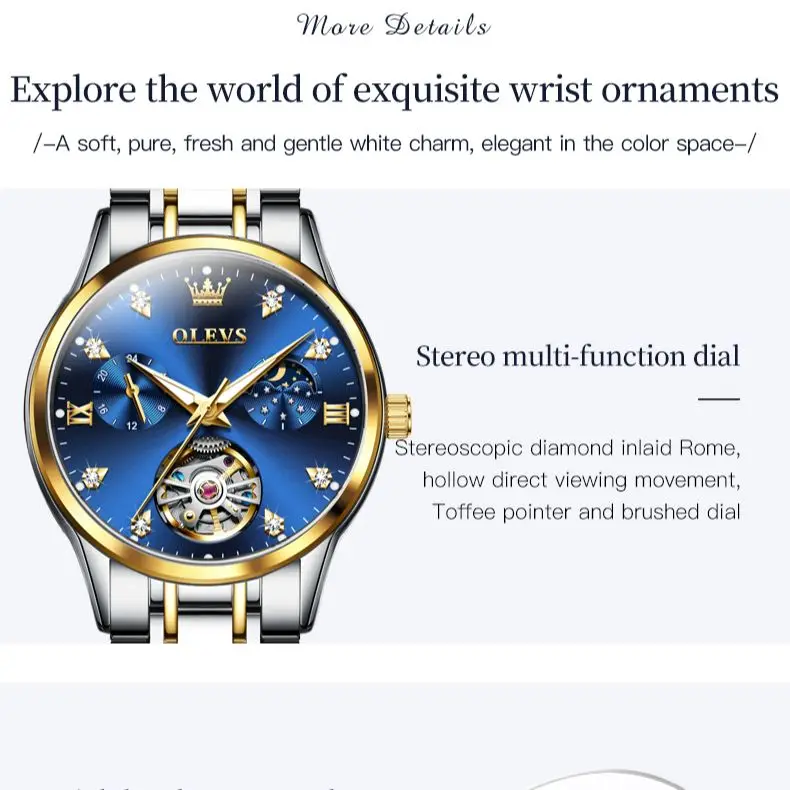 OLEVS Automated Mechanical Women\'s Watch Skeleton Hollow Moon Phase Date Display Elegant Luxury Watch for Ladies Original