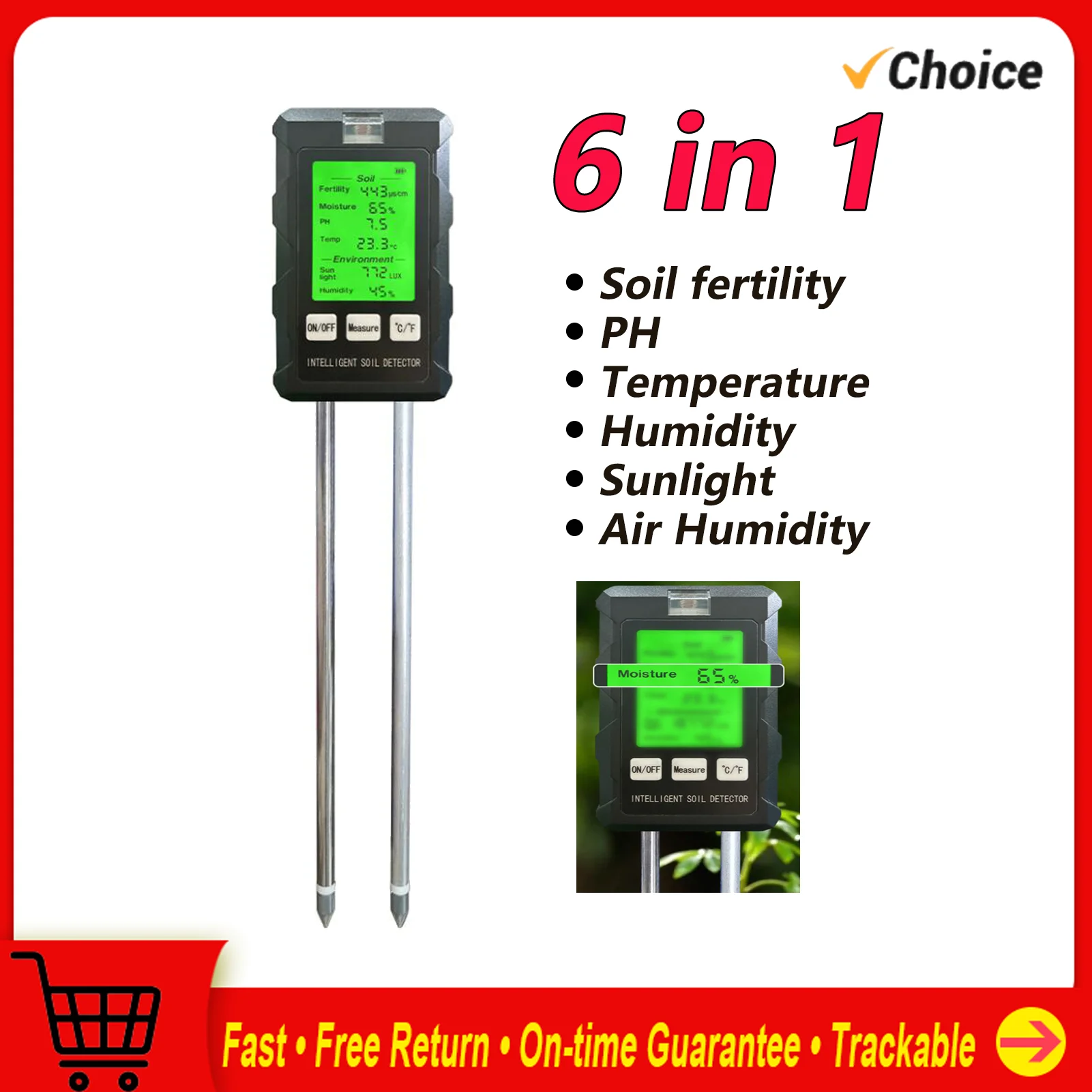 6 in 1 Soil Tester Soil Fertility pH Temperature Humidity Sunlight Air Moisture Tester Soli Analyzer Versatile Gardening Tool