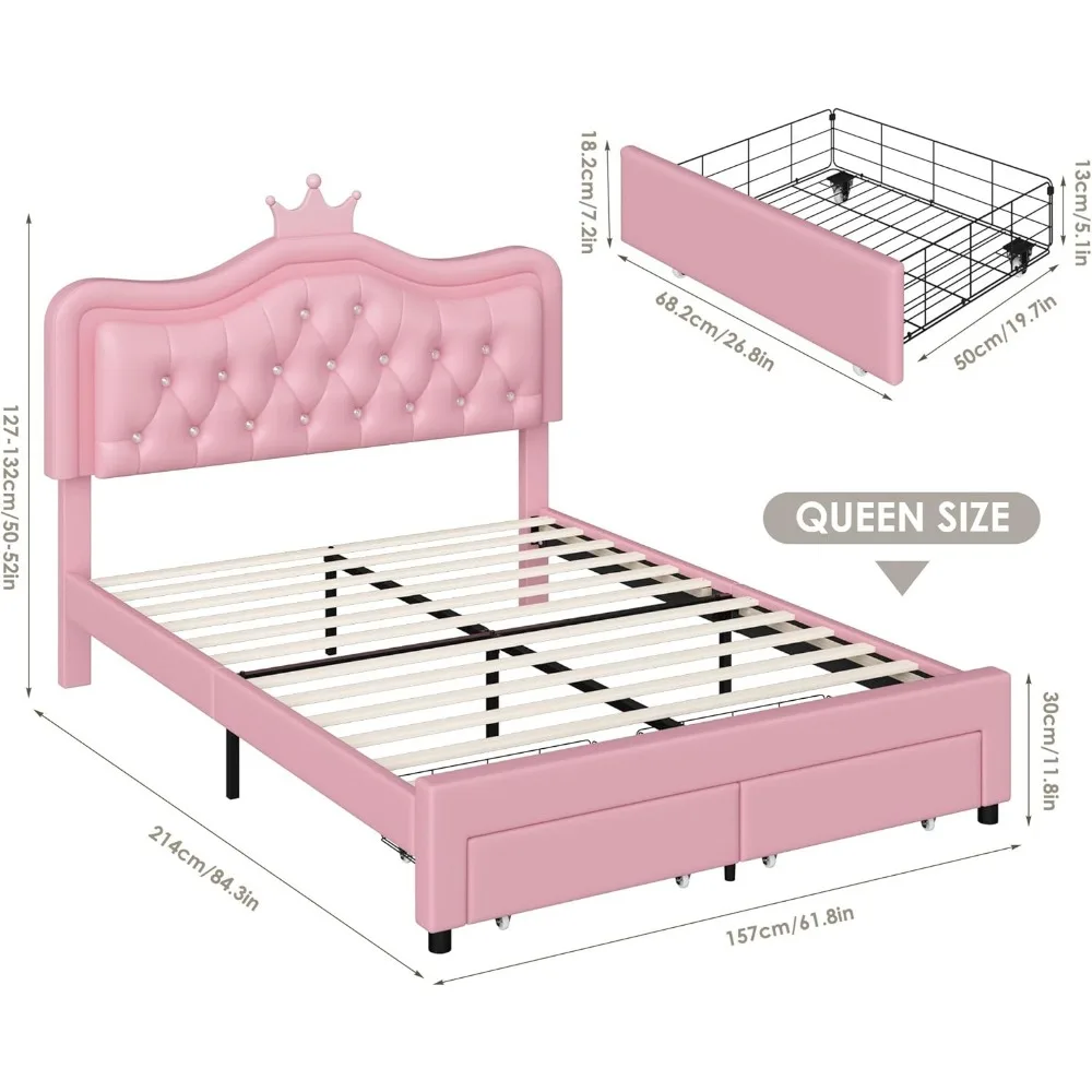 Upholstered LED Bed Frame with Storage Drawer,with Adjustable Crystal ButtonTufted Crown Headboard Leather Princess Platform Bed