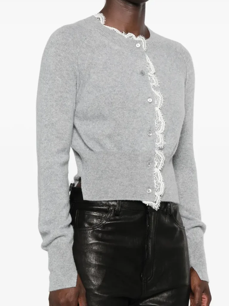 

Women's Lace Embroidery Spliced Sweater 100% Cashmere Round Neck Long Sleeve Single Breasted Elegant Ladies Knitted Cardigan