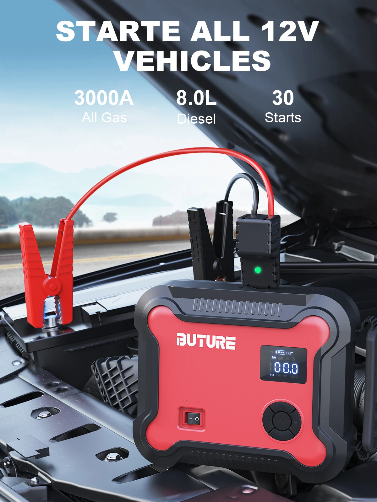 Buture-compresor de aire de arranque de coche 5 en 1, banco de energía de 26800mAh, potenciador de batería portátil, inflador de neumáticos Digital