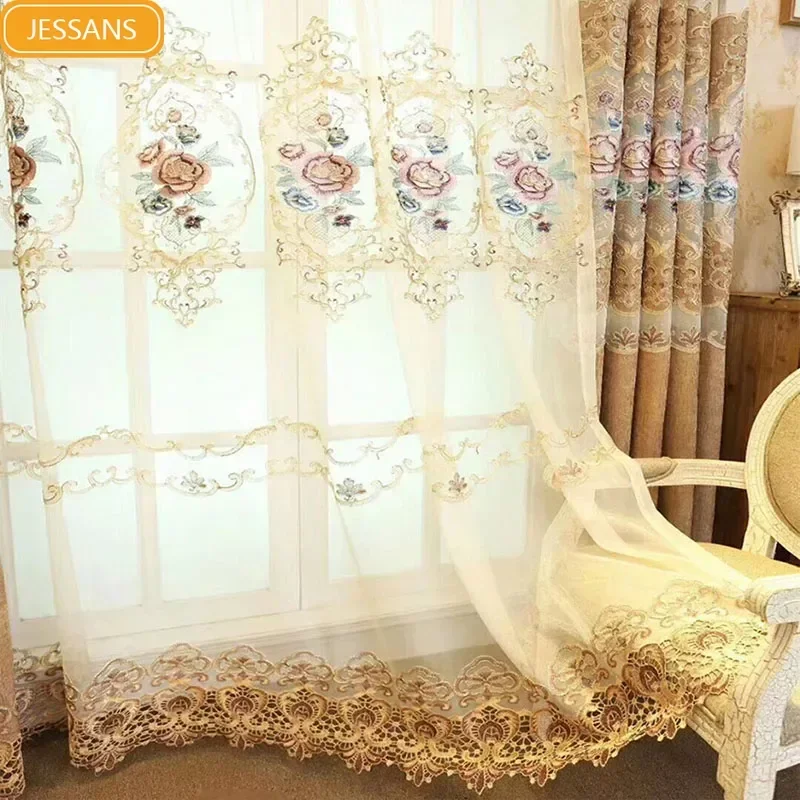 Luxurious Beige Peony Embroidery Curtains for Living Room Semi-Blackout Curtains for Bedroom Villa Hotel Decoration Customize