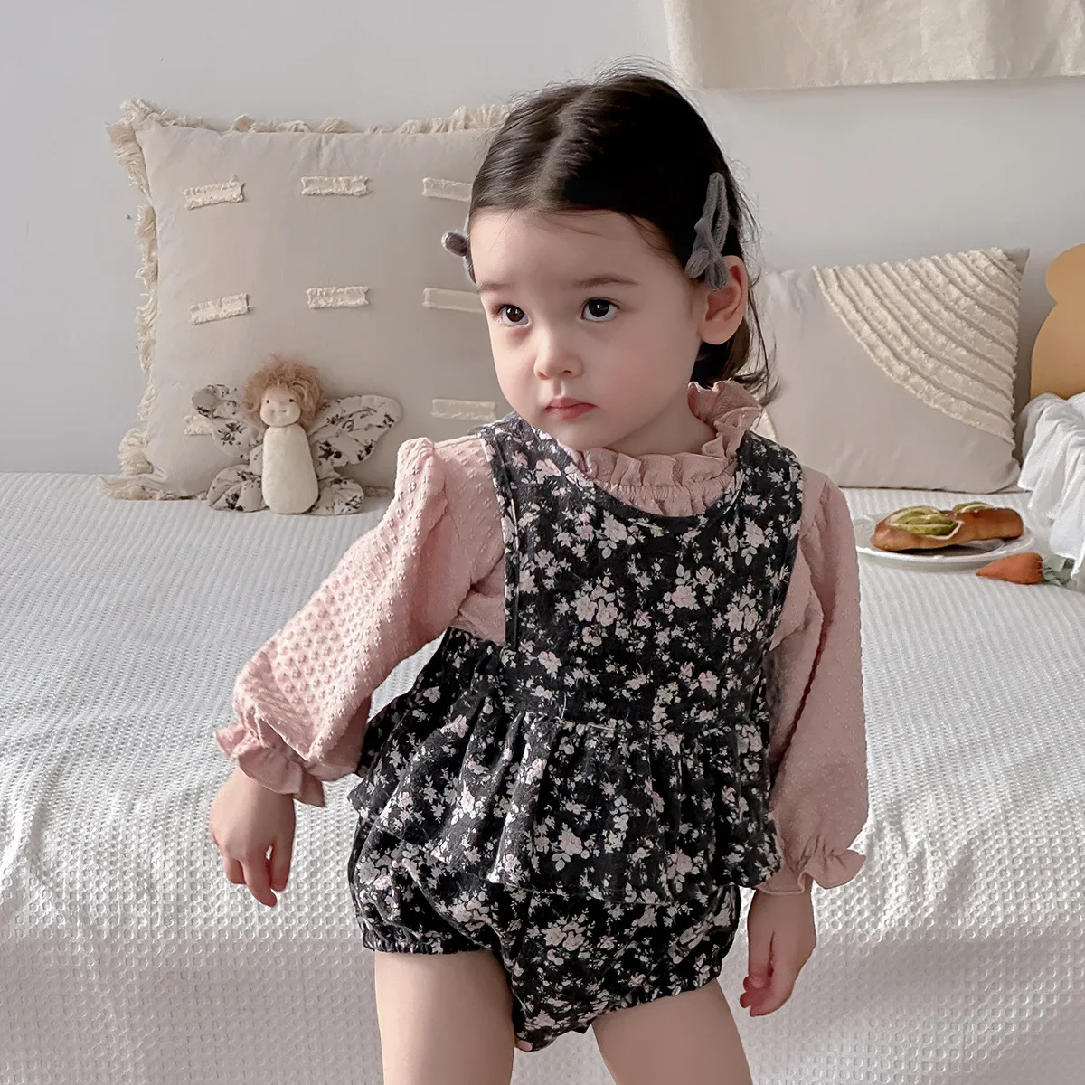 Undershirt Bib Pants Set Autumn Sweet Princess Baby Fashion Cute Undershirt Broken Flowers Bib Pants Two Piece Set