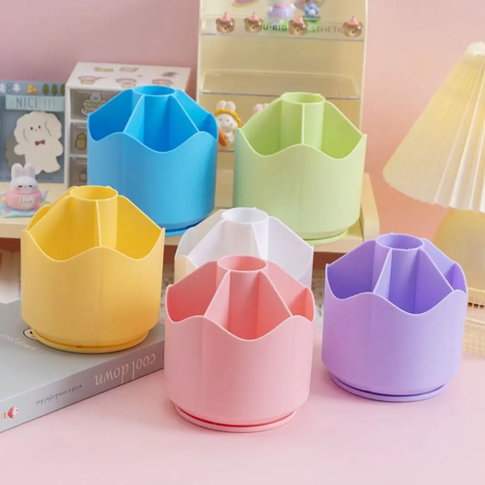 Durable 360° Rotating Pen Holder Multi-slot Solid Color Pen Stand Multi-functional Anti-deformed Makeup Brush Storage Box Desk