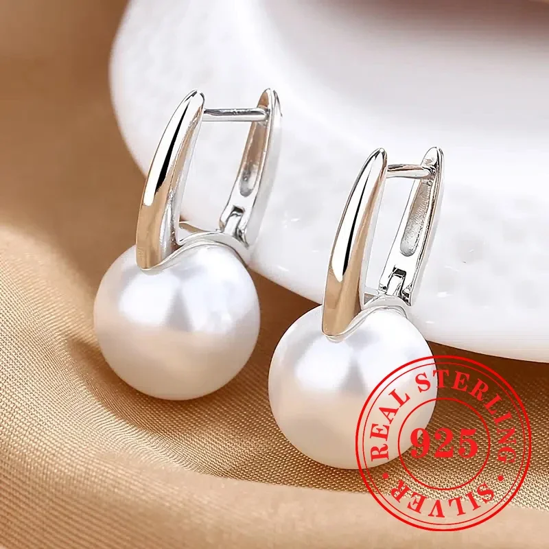 Huitan High-level Imitation Pearl 925 Sterling Silver Drop Earrings Female Office Versatile Accessories Chic Wedding Jewelry Hot