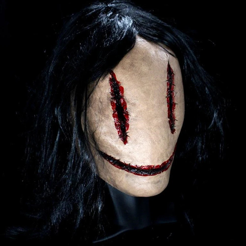 Realistisch enge geest cosplay gezicht voor toneelvoorstelling spookhuis prop horror masker met lang haar latex materiaal Halloween