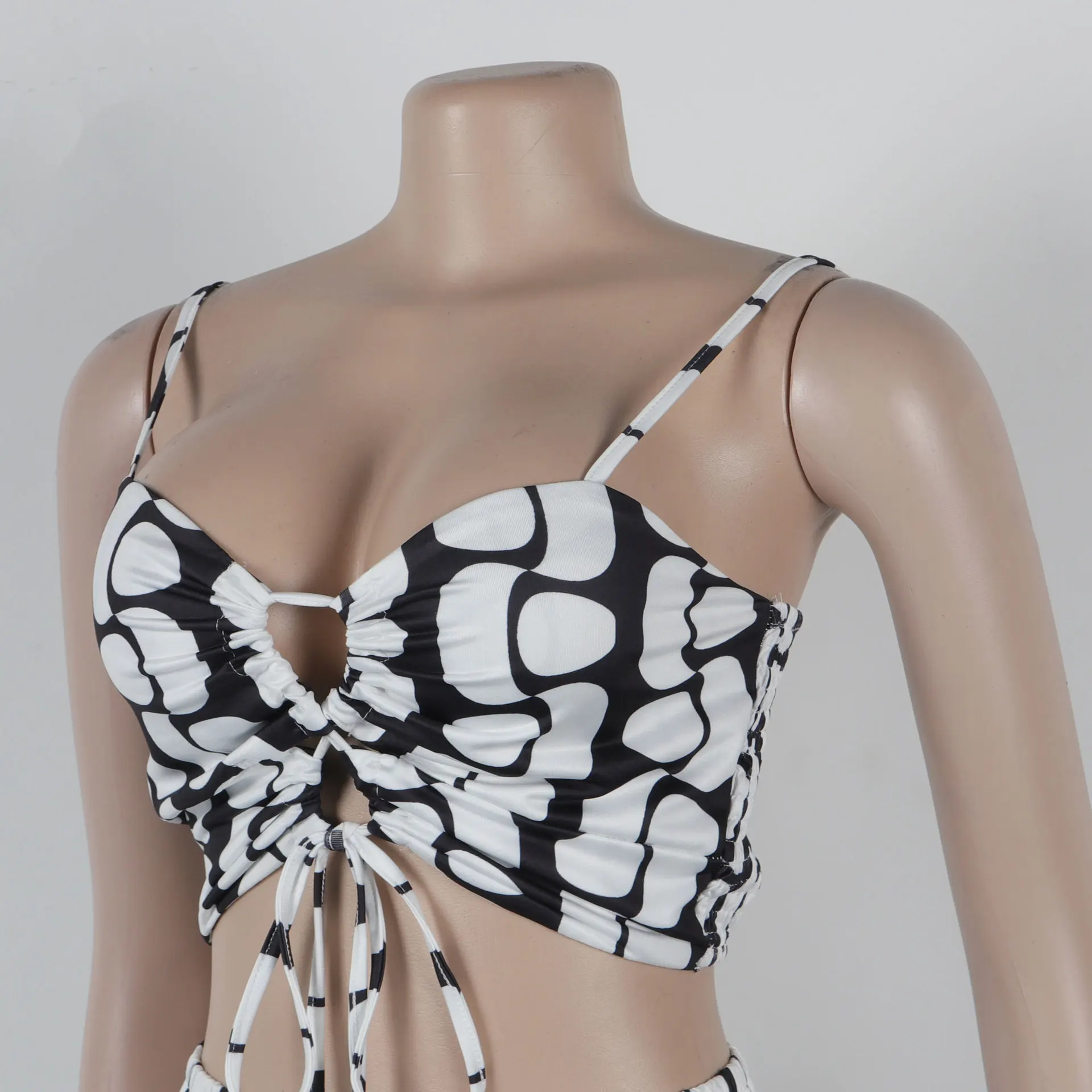 Pants Set Women Two Piece Sets Sexy Sling Sleeveless Short Tops Wide Leg Long Pants High Waist Hollow Out Print Matching Sets