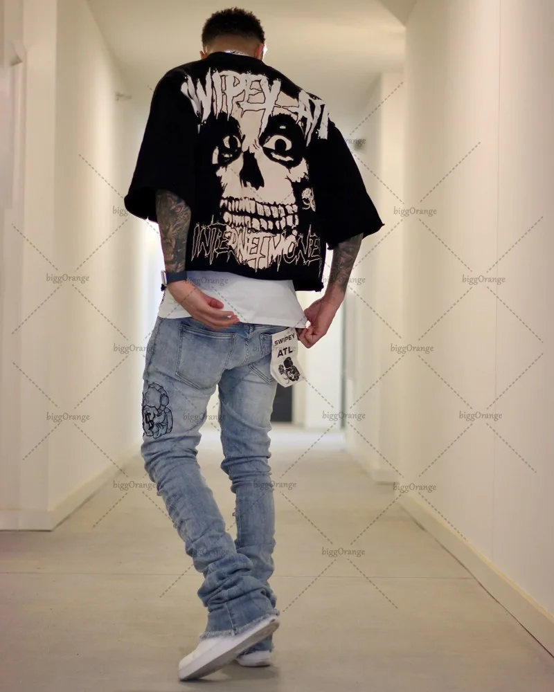 American Retro Y2K Oversized Skull Print Fashionable Versatile T-shirt Men Street Hip-hop Harajuku Casual Loose Top Women