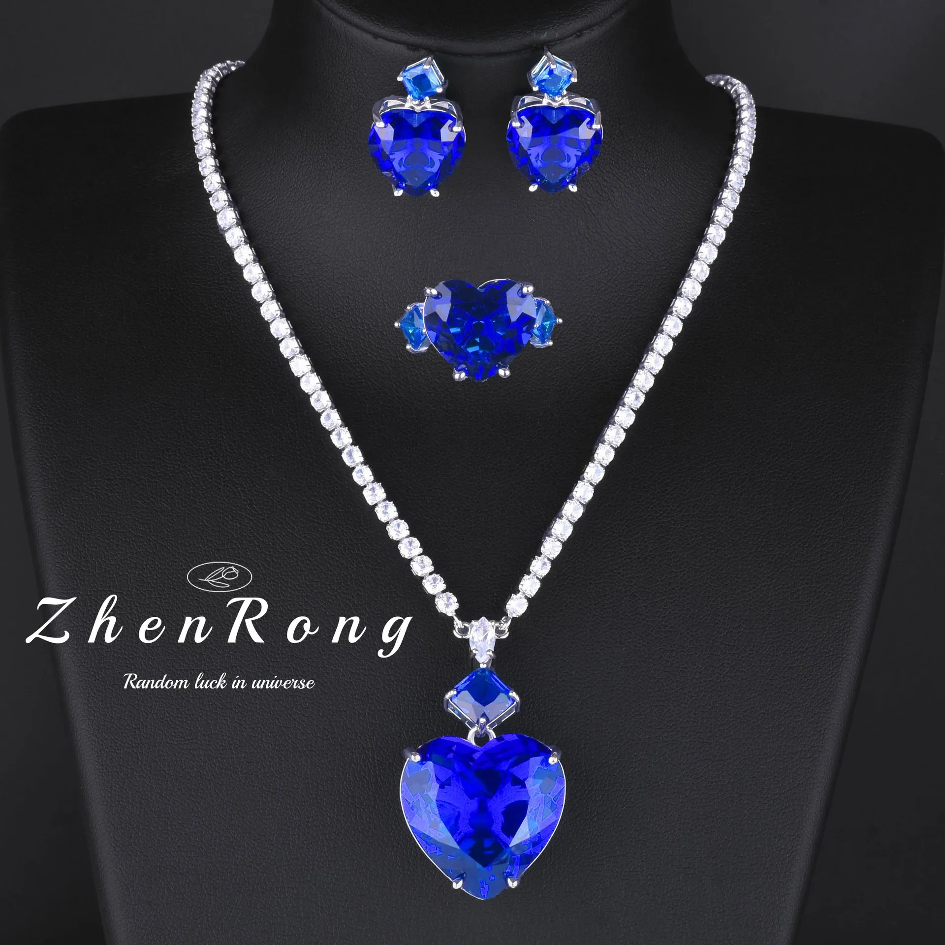 Temperament Romantic Heart Shape Cubic Zirconia Wedding Jewelry Sets Women Platinum Plating Bridal Banquet Ring/Earring/Necklace