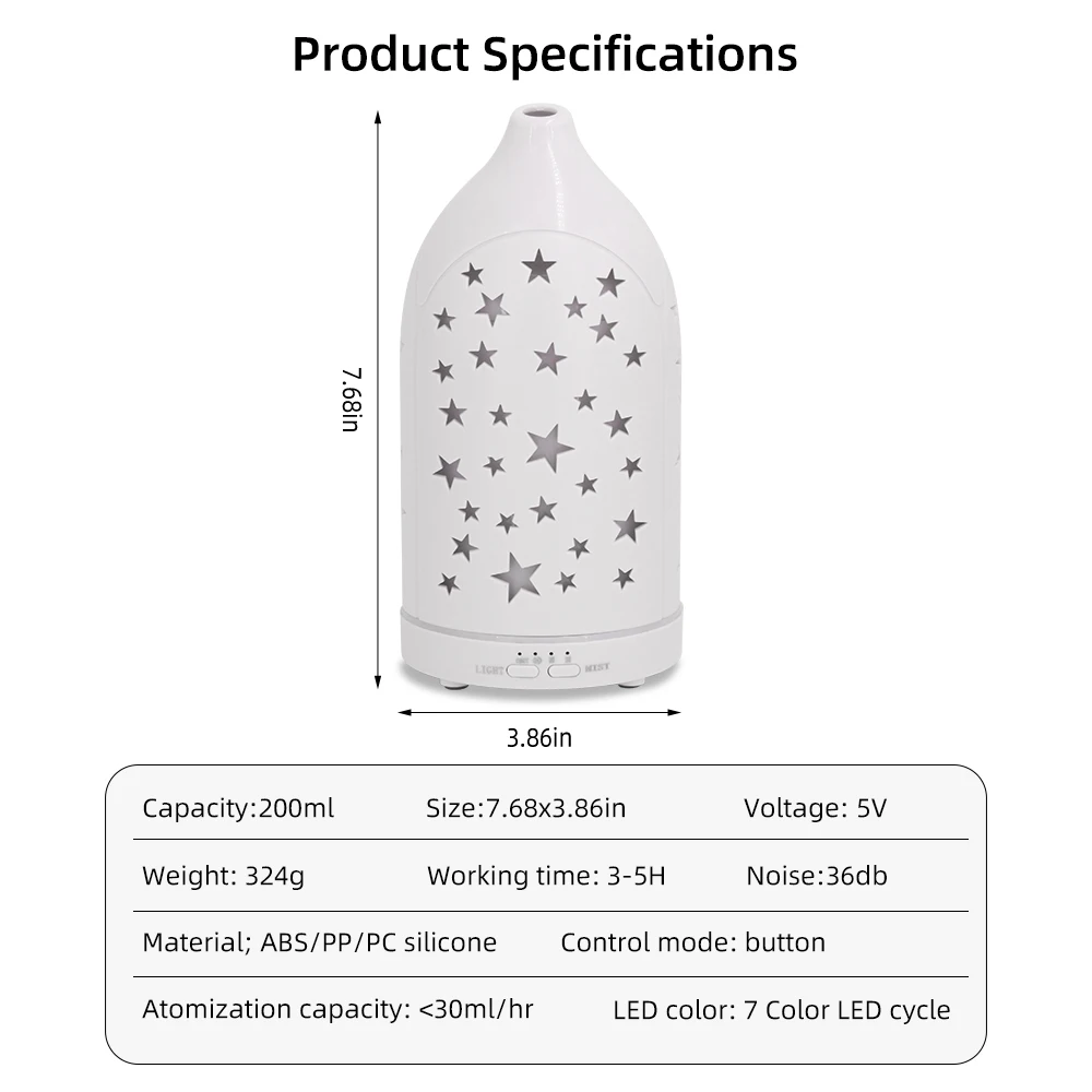 Difusor de aromaterapia Star Hollow, luces LED de 7 colores, apagado silencioso y automático