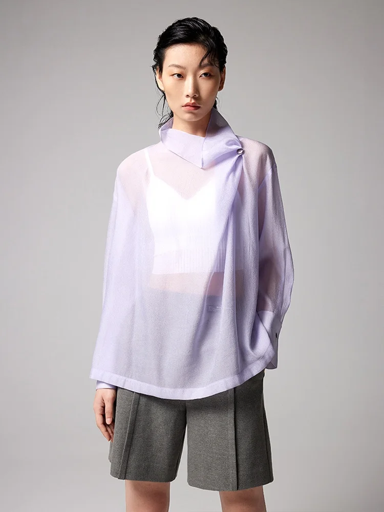 

XMOOM Autumn New High Collar See-tough Hooded Top Women's irt f High Collar Asymmetric Hollow out Long Sve Loose Fit