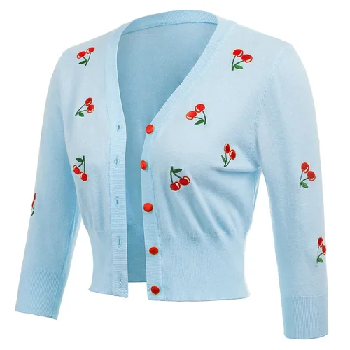 Imagen 2 del producto GK-abrigo tejido para mujer, bordado de cerezas, manga 3/4, cuello en V, Top corto, prendas de punto, suéter informal de moda, prendas de vestir exteriores para mujer 2025