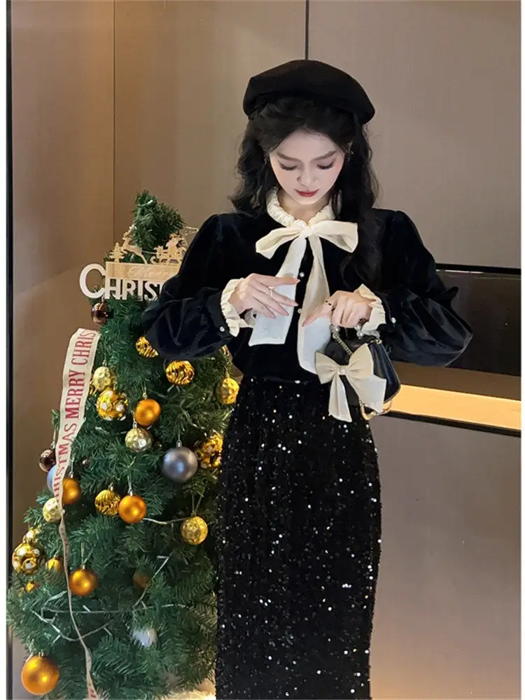 

Salt Series Light Maturi Sle Set Women's Knot Belted irt One Clete OOTD Sequin f-length Skirt Two-piece...