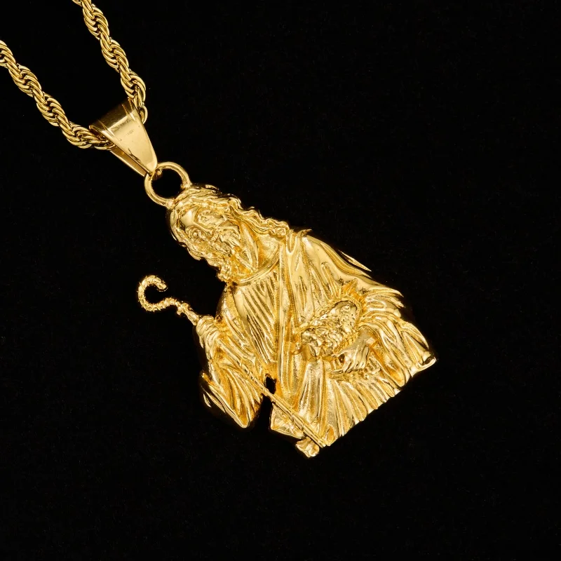 1pc Elegant Simple 316L stainless steel Jesus shepherd Seris Pure Gold Color Plated Necklace Pendant Women Man Christmas Jewelry